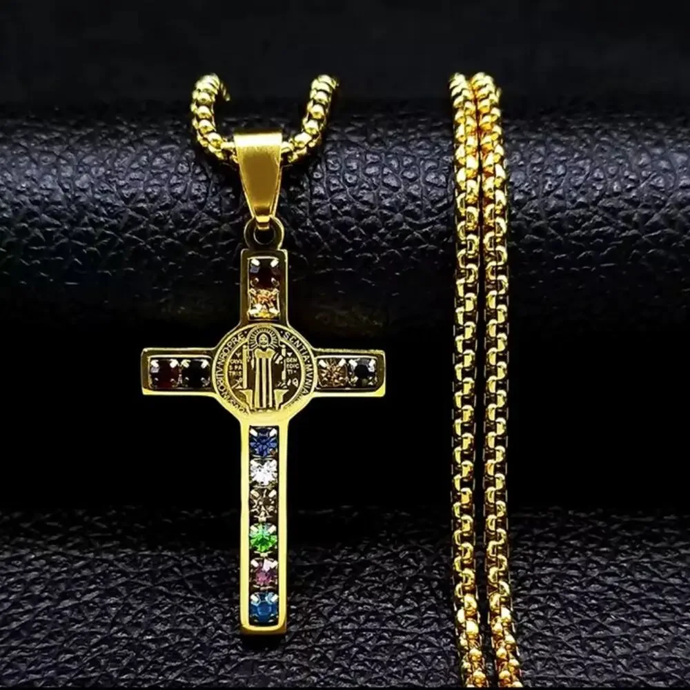 Stainless Cross Necklace Catholic Christian Multicolor Rhinestones Gold Gift NEW